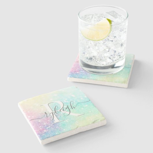 Hübscher Glitzer Holographic Iridescent Girl Steinuntersetzer (Seitenansicht)