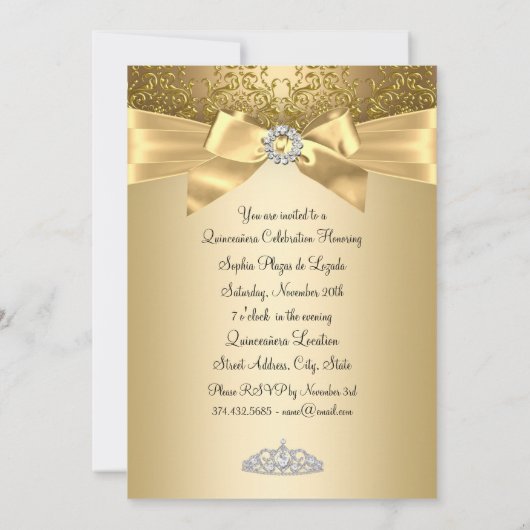 Hübscher Goldbow und Tiara Quinceanera Einladung (Rückseite)