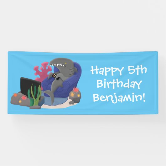 Hübscher Hai beim Fernsehen Cartoon Banner (Horizontal)