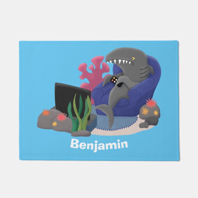 Hübscher Hai beim Fernsehen Cartoon Fußmatte (Vorderseite)