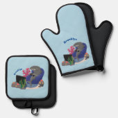 Hübscher Hai beim Fernsehen Cartoon Ofenhandschuh & Topflappen-Set (Vorderseite/Rückseite)