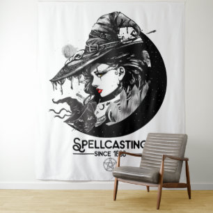 Hübscher Hexenzauber und Schwarze Katze Wicca Spel Wandteppich