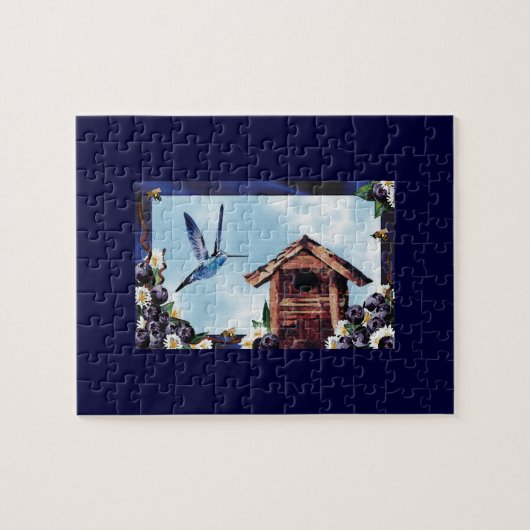 Hübscher Hummingbird, Birdhouse und Blueberries Puzzle (Horizontal)