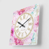 Hübscher Individuelle Name Blumenrosa Quadratische Wanduhr (Winkel)