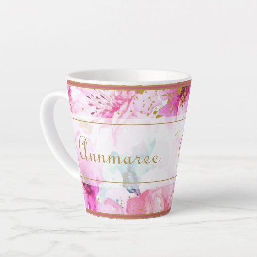 Hübscher Individuelle Name Blumenrosa und Gold Milchtasse (Linke Ecke)