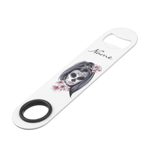 Hübscher Karnevalsmasken-Frauenschädel Speed Flaschenöffner (Vorderseite Schrägansicht)
