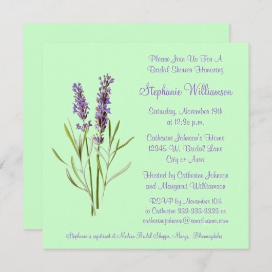 Hübscher Lavendel-KrautSprig auf grünem Brautparty Einladung (Vorne/Hinten)