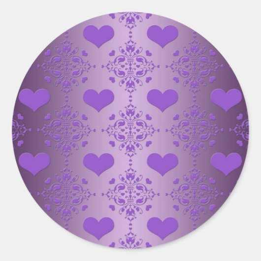 Hübscher Lavendel Lila Hearts Damask Runder Aufkleber (Vorderseite)