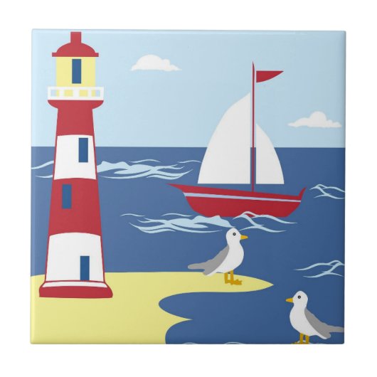 Hübscher Leuchtturm und Boot an der Küste Kunst Fliese (Vorderseite)