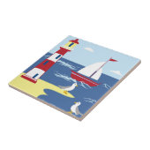 Hübscher Leuchtturm und Boot an der Küste Kunst Fliese (Seite)