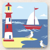 Hübscher Leuchtturm und Boot an der Küste Kunst Getränkeuntersetzer (Vorderseite)