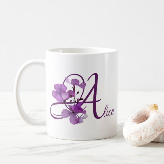 Hübscher lila blühender Name, niedlich Kaffeetasse (Mit Donut)