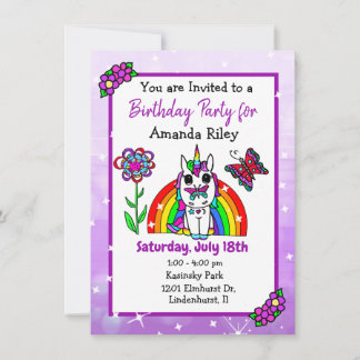 Hübscher Lila Geburtstag von Unicorn und Regenboge Einladung