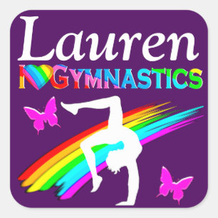 HÜBSCHER LILA PERSONALISIERTER GYMNAST GIRL STICK QUADRATISCHER AUFKLEBER