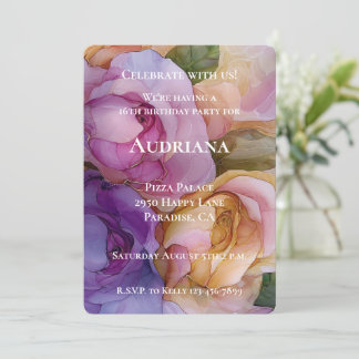 Hübscher Lila Rosa Gold Floral 16. Geburtstag Einladung
