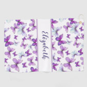 Hübscher lila Schmetterling mit individuelle Name Golfhandtuch (Horizontal)