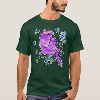 Hübscher lila Vogel und blaue Blumen Freunde T-Shirt