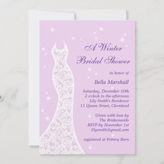 Hübscher Lila Winter Bridal Dusche Einladung (Vorderseite)