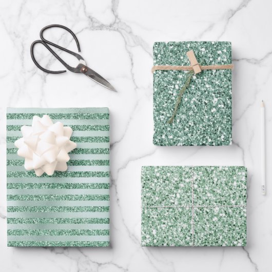 Hübscher Minze Grüner Glitzer Ombre Streifen       Geschenkpapier Set (Vorderseite)