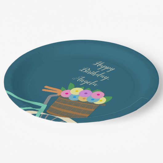 Hübscher Minze- und Aquamariner Fahrradkorb mit Bl Pappteller (Schrägansicht)