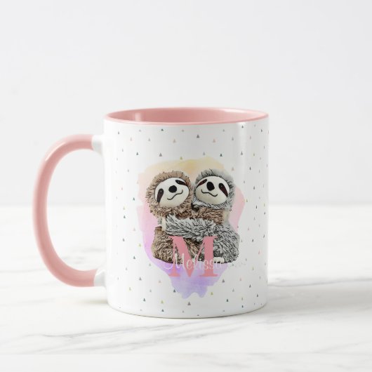 Hübscher Monogramm-Aquarellname Rosa-Slothähne Tasse (Links)