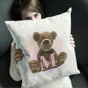 Hübscher Monogramm Aquarellname Rosa Teddybär Kissen