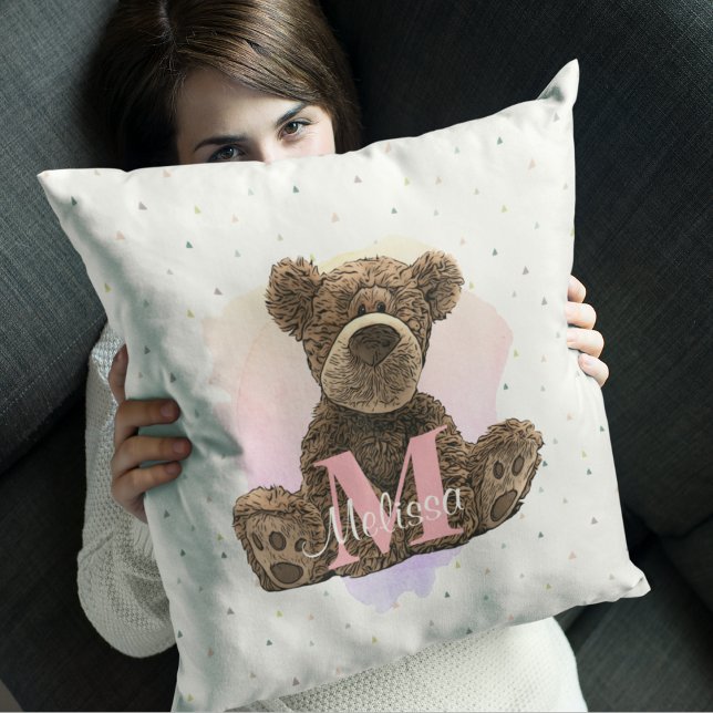 Hübscher Monogramm Aquarellname Rosa Teddybär Kissen (Von Creator hochgeladen)