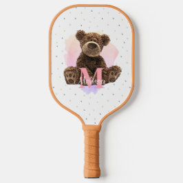 Hübscher Monogramm Aquarellname Rosa Teddybär Pickleball Schläger