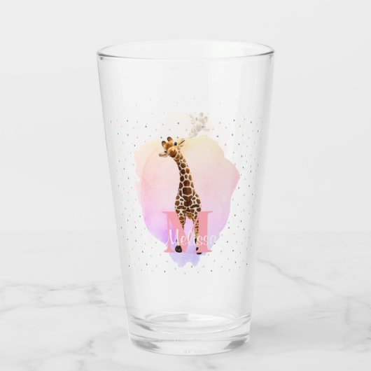 Hübscher Monogramm Wasserfarbname Kinder Giraffe Glas (Rückseite)