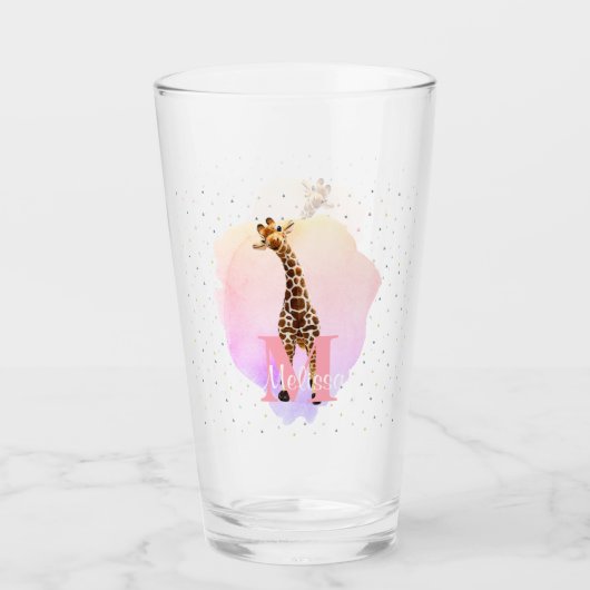 Hübscher Monogramm Wasserfarbname Kinder Giraffe Glas (Vorderseite)