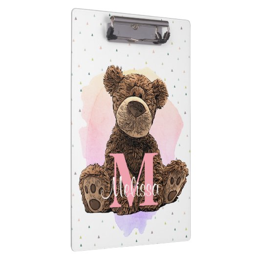 Hübscher Monogramm Wasserfarbname Kinder Teddybär Klemmbrett (Rechts)