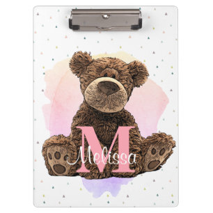 Hübscher Monogramm Wasserfarbname Kinder Teddybär Klemmbrett