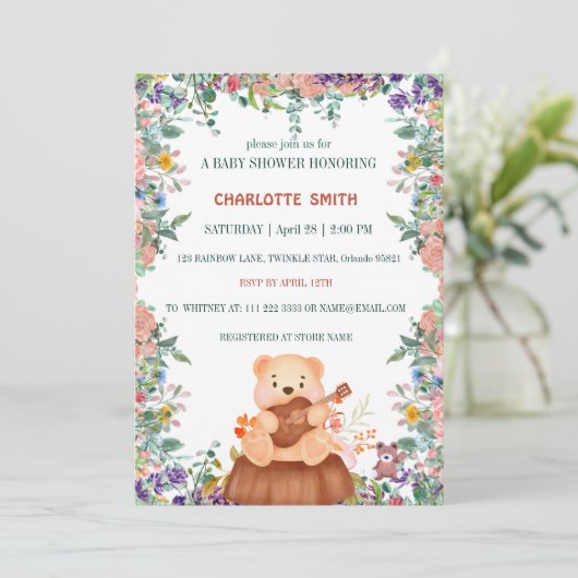 Hübscher niedlicher Bärenspiel Gitarre Gefälle Flo Einladung (Stehend Vorderseite)