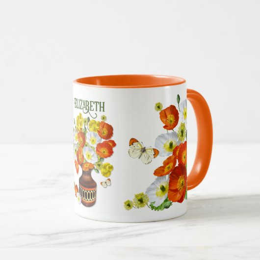 Hübscher Orange- und Weißmohntext Tasse (VorderseiteRechts)