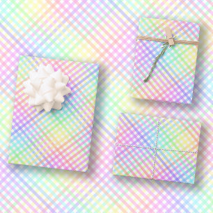 Hübscher Pastell Rainbow Karo Gingham Geschenkpapier Set