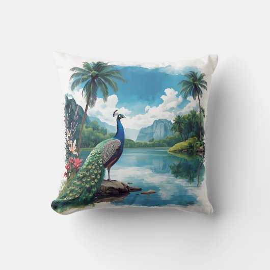 Hübscher Pfau im tropischen Paradies Kissen (Vorderseite)
