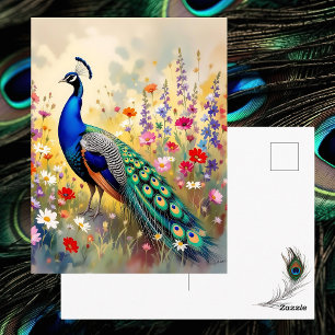 Hübscher Pfau in einer Blumenwiese Hallo sagen Postkarte