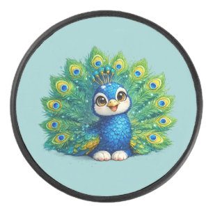 Hübscher Pfau mit großen Augen Kawaii-Vogeldesign Eishockey Puck