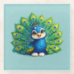 Hübscher Pfau mit großen Augen Kawaii-Vogeldesign Glasuntersetzer
