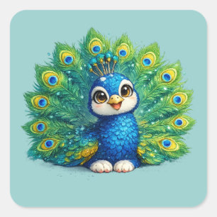 Hübscher Pfau mit großen Augen Kawaii-Vogeldesign Quadratischer Aufkleber