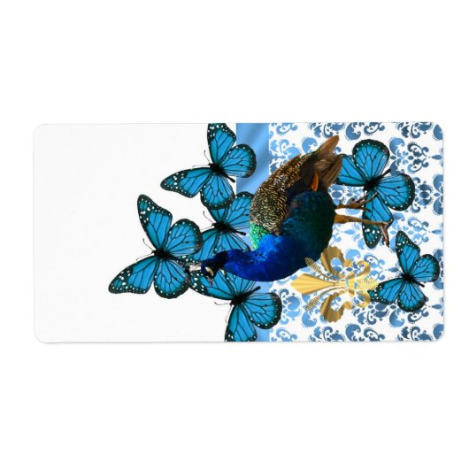 Hübscher Pfau und blaue Schmetterlinge (Vorne)