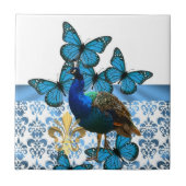 Hübscher Pfau und blaue Schmetterlinge Fliese (Vorderseite)