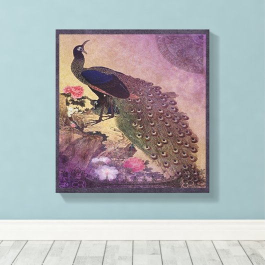 Hübscher Pfau und Pfaue im Lila Leinwanddruck (Insitu (Holzboden))