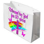 HÜBSCHER PINK, 80 JAHRE lang VON GOTT VERBLEST Große Geschenktüte (Rückseite Schrägansicht)
