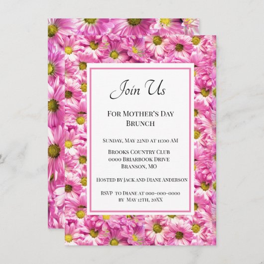 Hübscher Pink Daisies Muttertag Brunch Einladung (Vorne/Hinten)