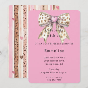 Hübscher Pink Heart Leopard Girly Bow Geburtstag Einladung
