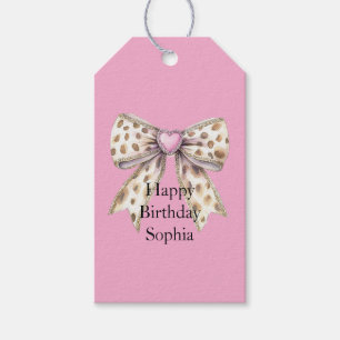 Hübscher Pink Heart Leopard Girly Bow Geburtstag Geschenkanhänger