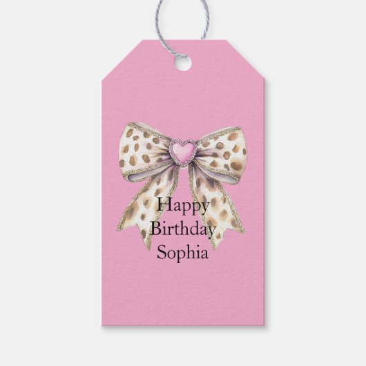 Hübscher Pink Heart Leopard Girly Bow Geburtstag Geschenkanhänger (Vorderseite)