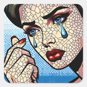 Hübscher Pop Art Comic Sad Woman with Tars Quadratischer Aufkleber