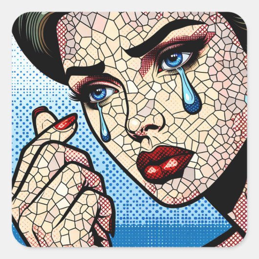 Hübscher Pop Art Comic Sad Woman with Tars Quadratischer Aufkleber (Vorderseite)